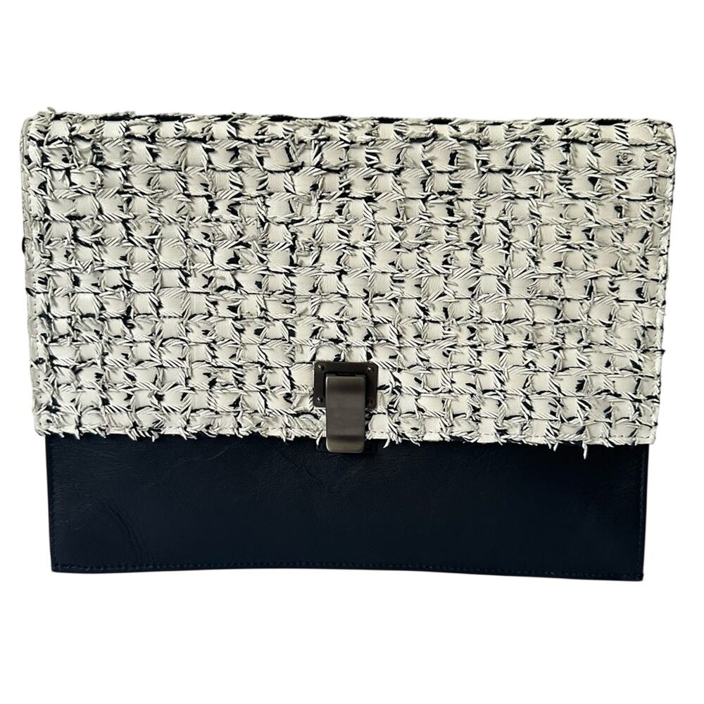Proenza Schouler Woven Tweed Clutch Black/White Leather Designer Celeb Style